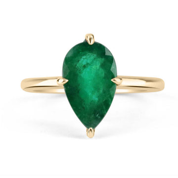 Exquisite Elegance: 2.37 Carat Clawed Prong Pear Emerald Solitaire Ring in 14K Gold