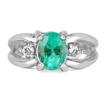 1.62tcw Oval Emerald & Diamond Three Stone Ring White Gold 14K