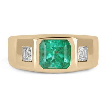 2.14tcw Three Stone Vivid Green Emerald & Asscher Diamond Signet Gypsy Ring