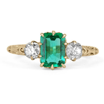 1.80tcw 18K Victorian Three Stone Top Colombian Emerald & European Cut Diamond Hand Carved Ring
