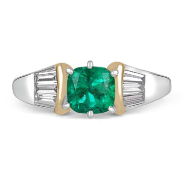 1.82tcw Colombian Emerald Cushion Cut and Tapered Baguette Diamond Ring