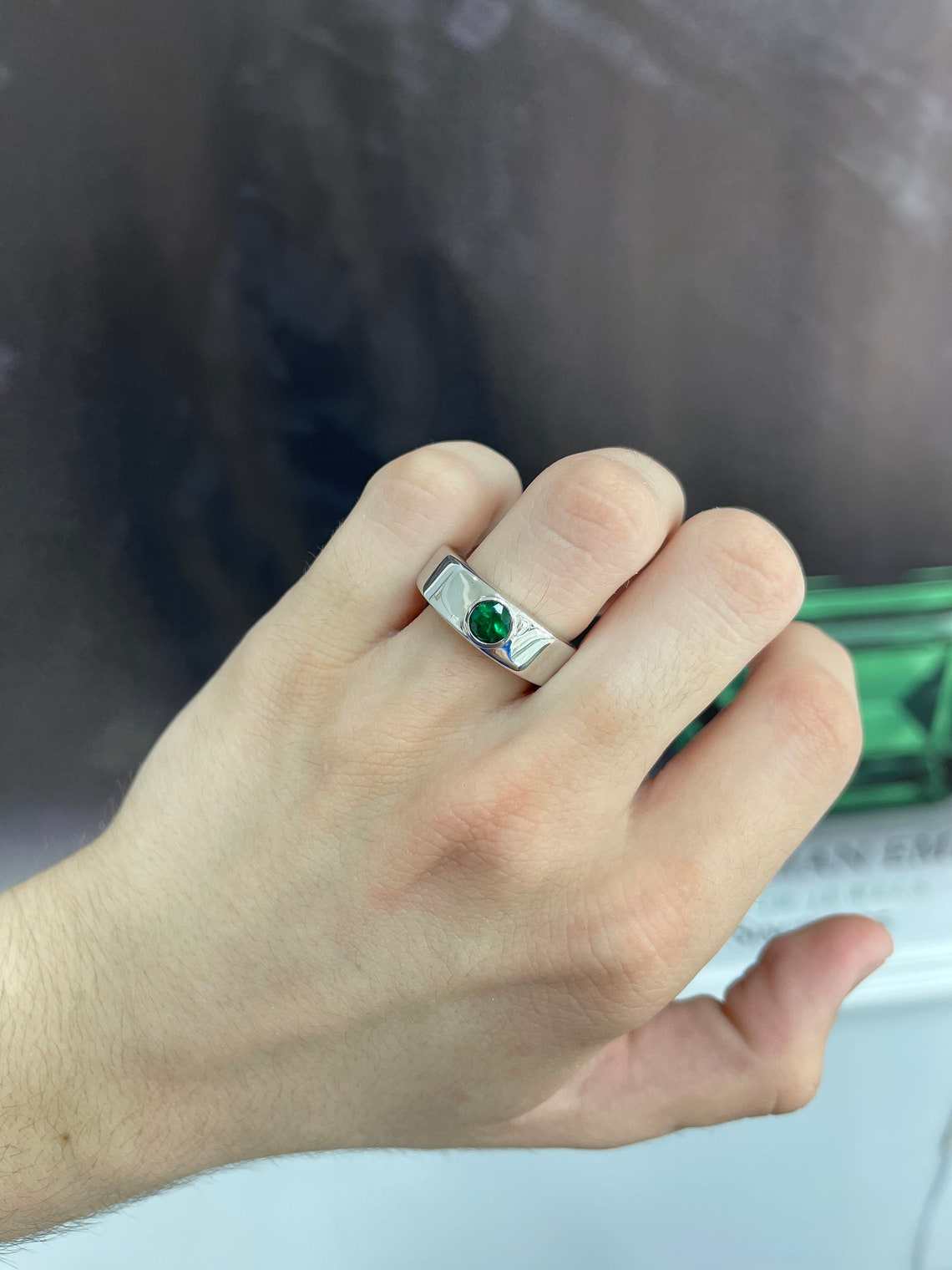 0.70 Carat Round Colombian Emerald Bezel Men's Ring 14K