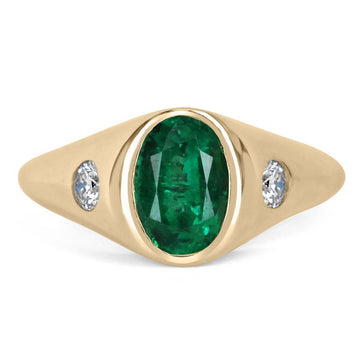 2.21tcw Three Stone Natural Top vivid green oval Emerald & Diamond Men's Ring 14K