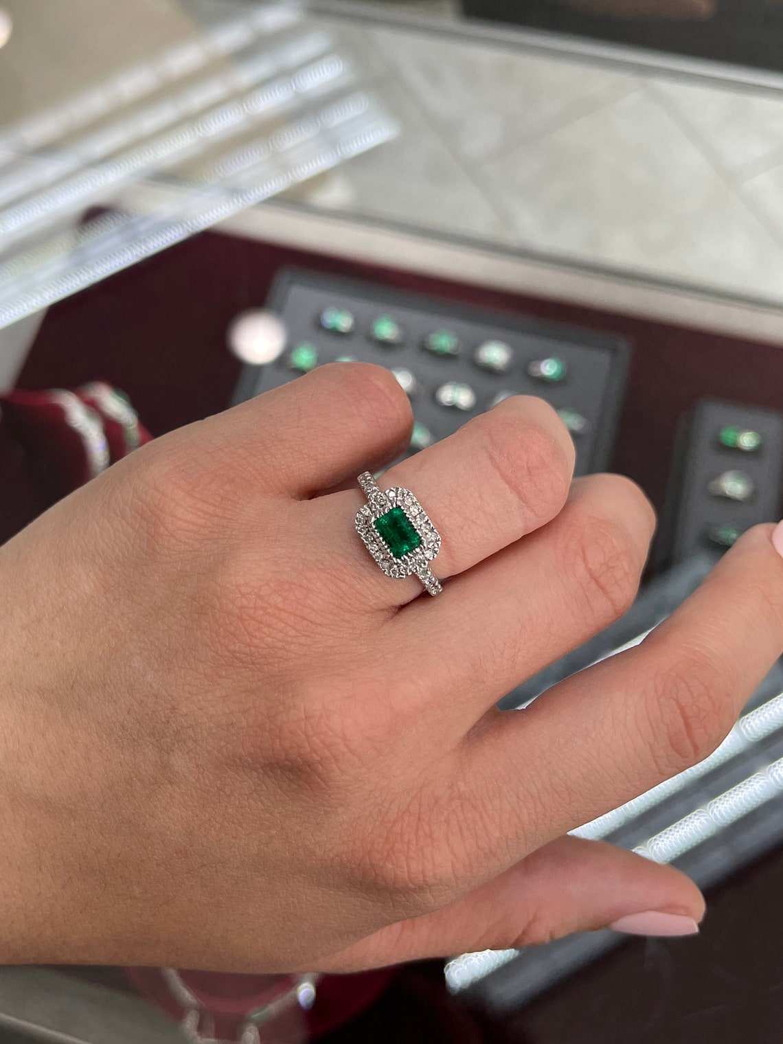 1.70tcw East To West Emerald & Diamond Halo Engagement Ring 14K White
