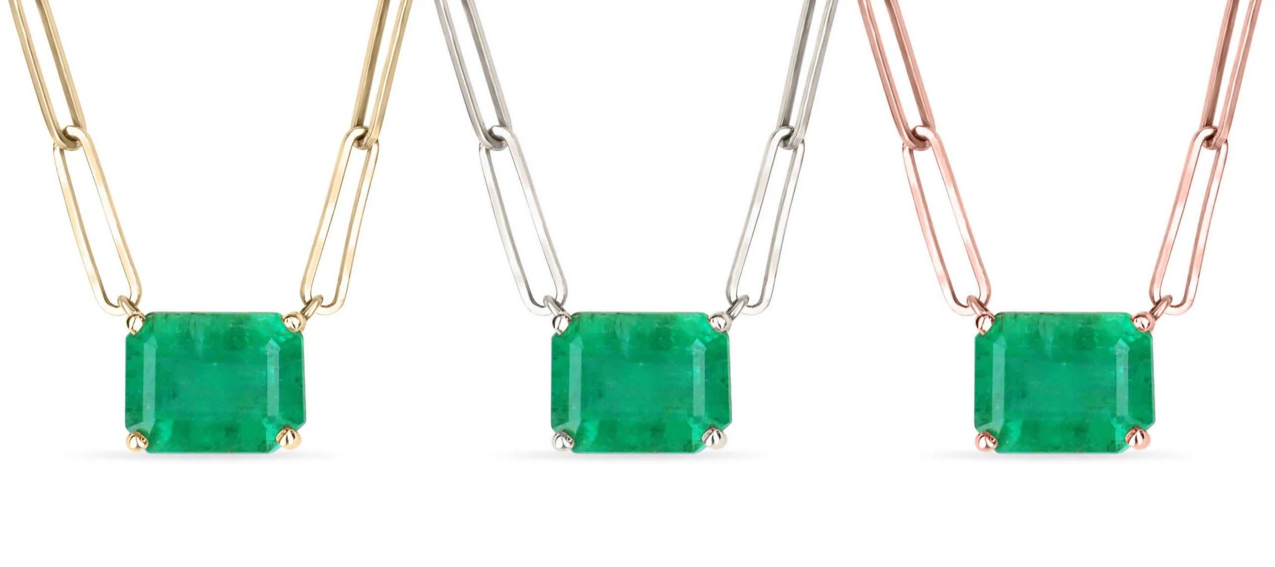 3.25 Carat East to West Rich Deep Green Emerald Paper Clip Gold Emerald Necklace 14K - JR Colombian Emeralds