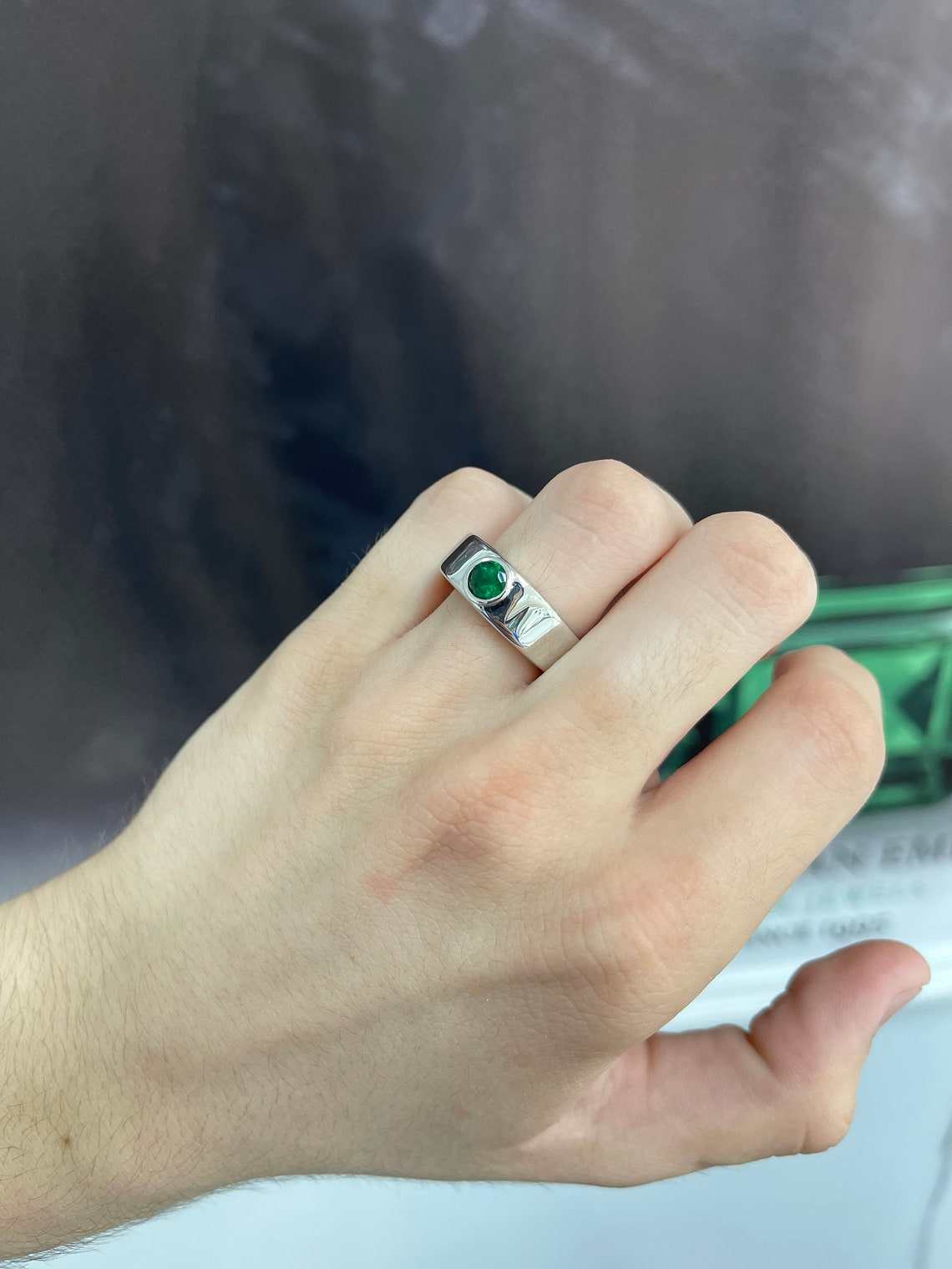 0.70 Carat Round Colombian Emerald Bezel Men's Ring 14K