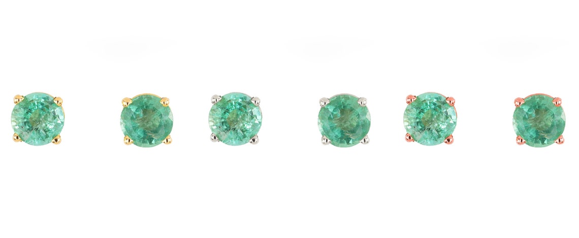 1.0tcw Timeless Green Emerald Round Cut Prong Earrings 14K - JR Colombian Emeralds