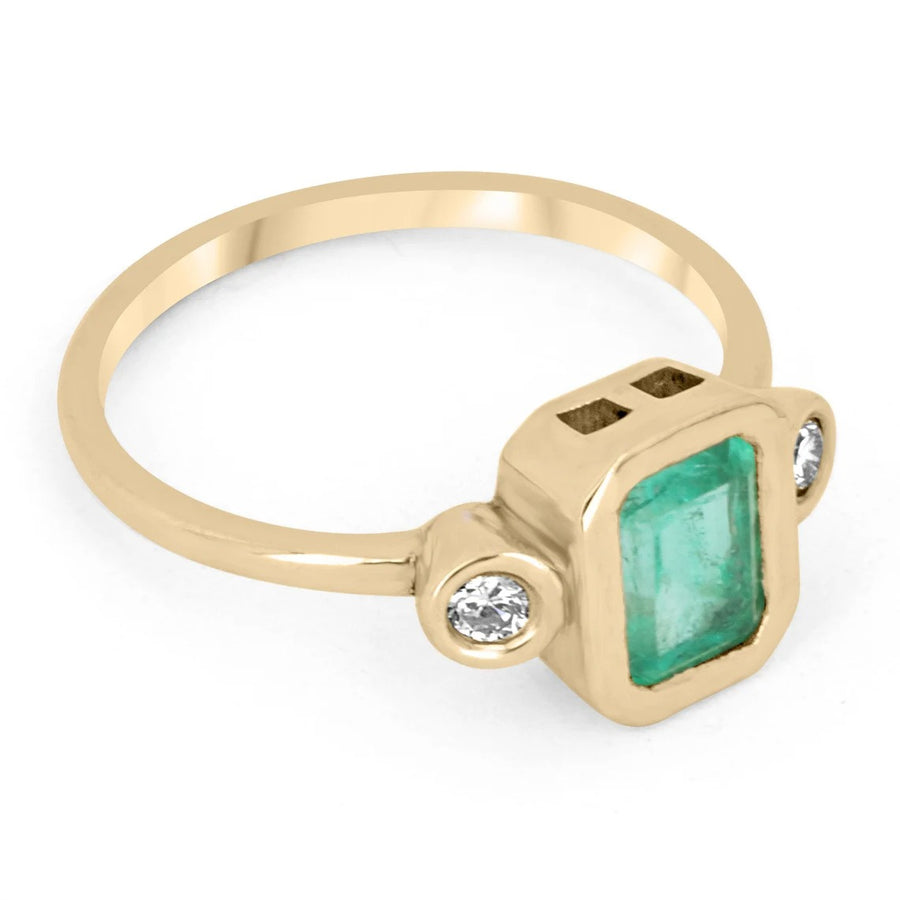 Dazzling Elegance: 1.20tcw Bezel Set Three Stone Emerald & Diamond Ring - 14K Gold Brilliance