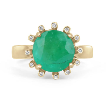 3.92tcw Round Green Emerald and Diamond Brilliant Round Halo Statement Ring 14K