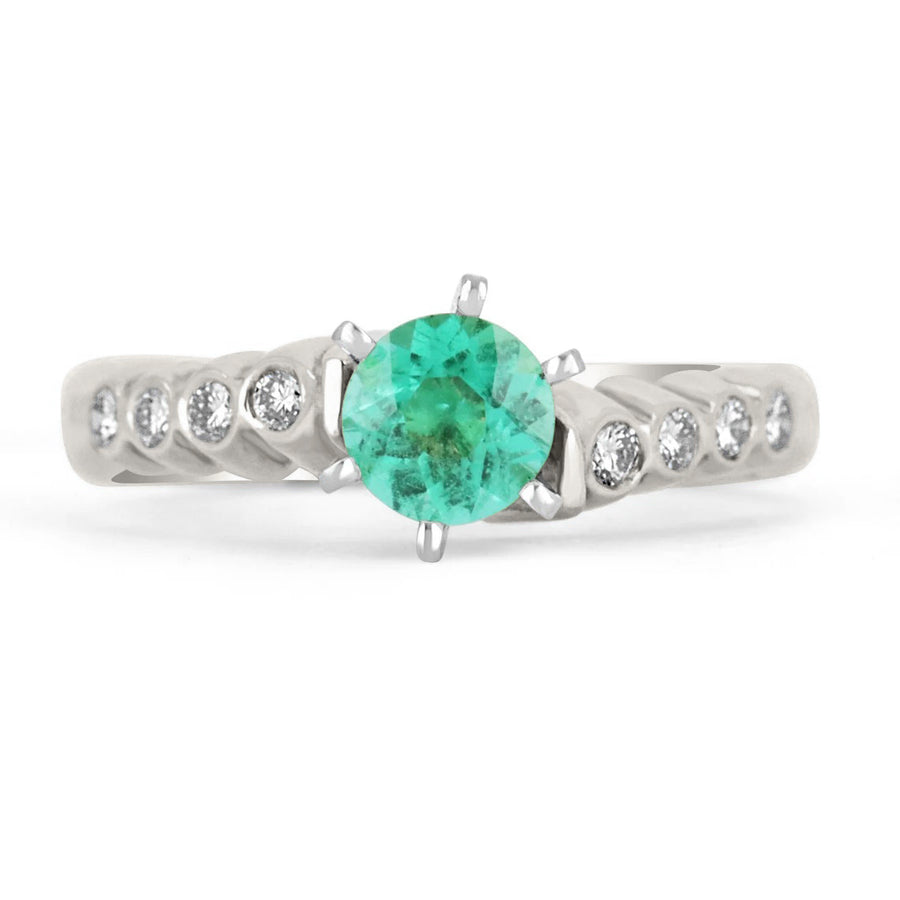 0.97tcw Modern Round 6 Prong Emerald & Bezel Diamond Ring 14K