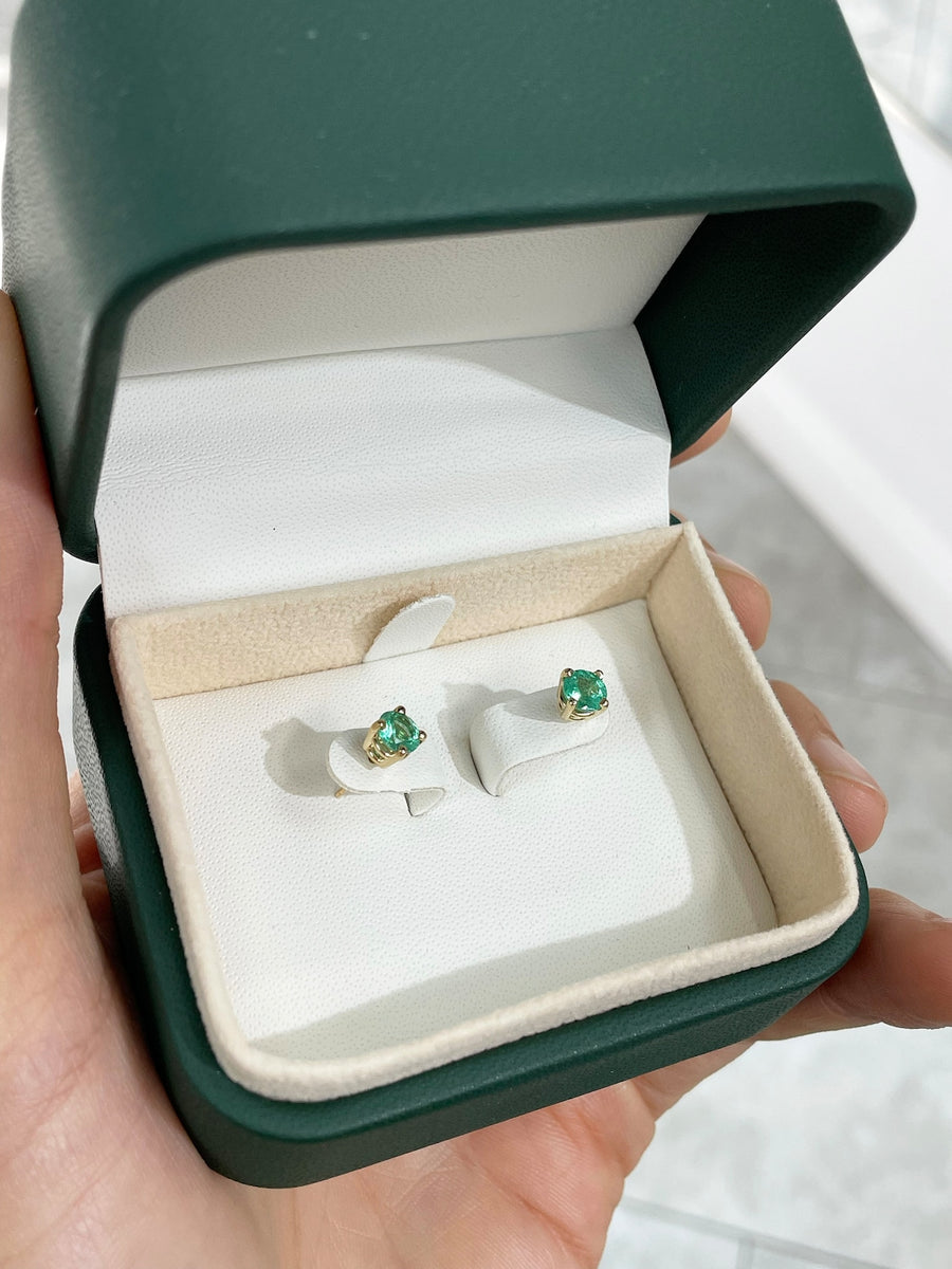 Emerald Round Cut Four Prong Studs Earrings in Box
