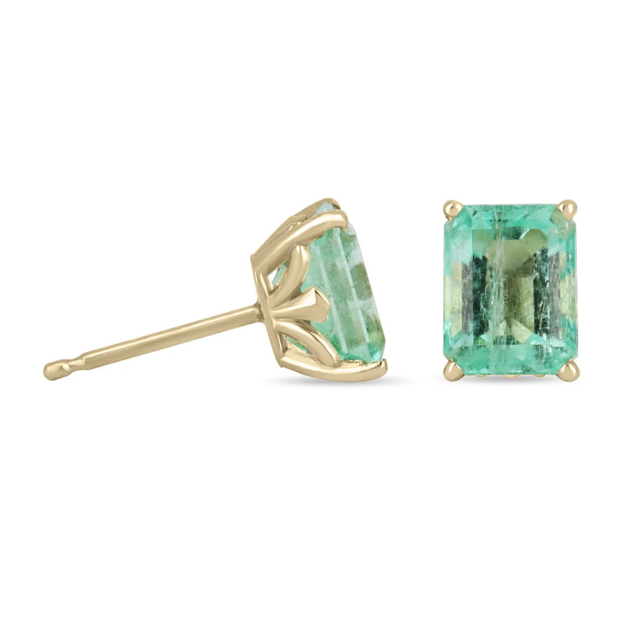 1.80tcw Elongated Emerald Cut Spring Green Fluer-De-Lis Emerald Stud Earrings 14K