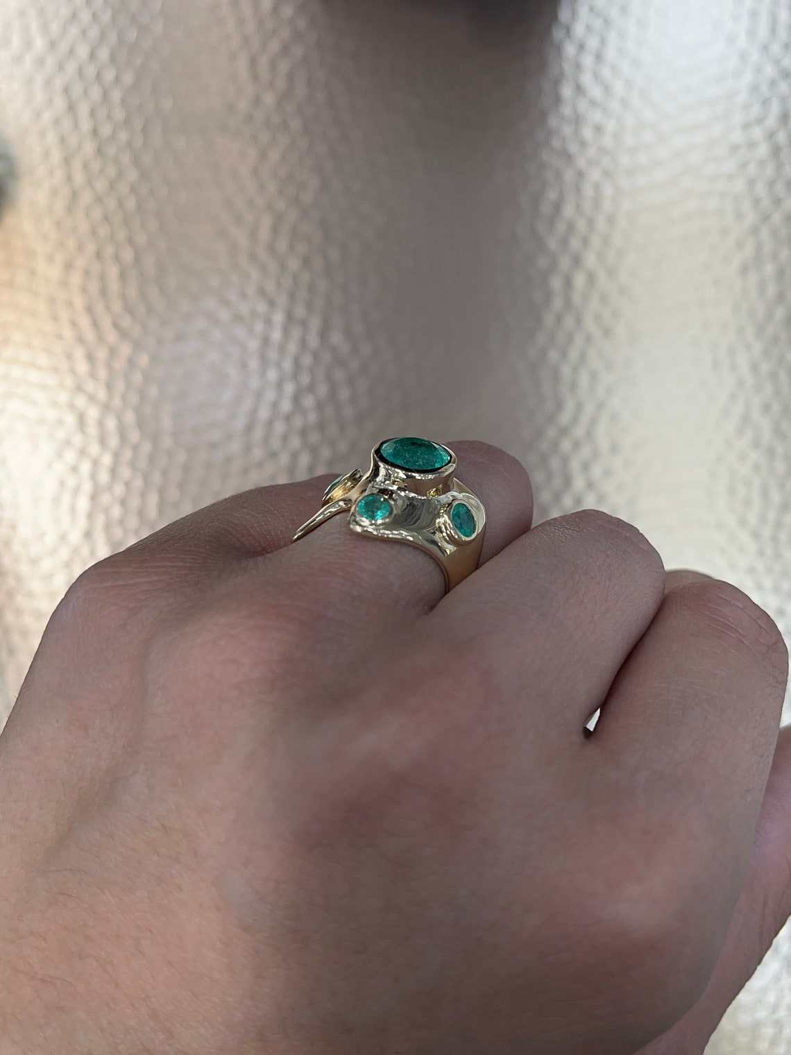 3.59tcw Colombian Emerald-Round Cut Chunky Bezel Set Irregular 14K Yellow Gold Ring - JR Colombian Emeralds