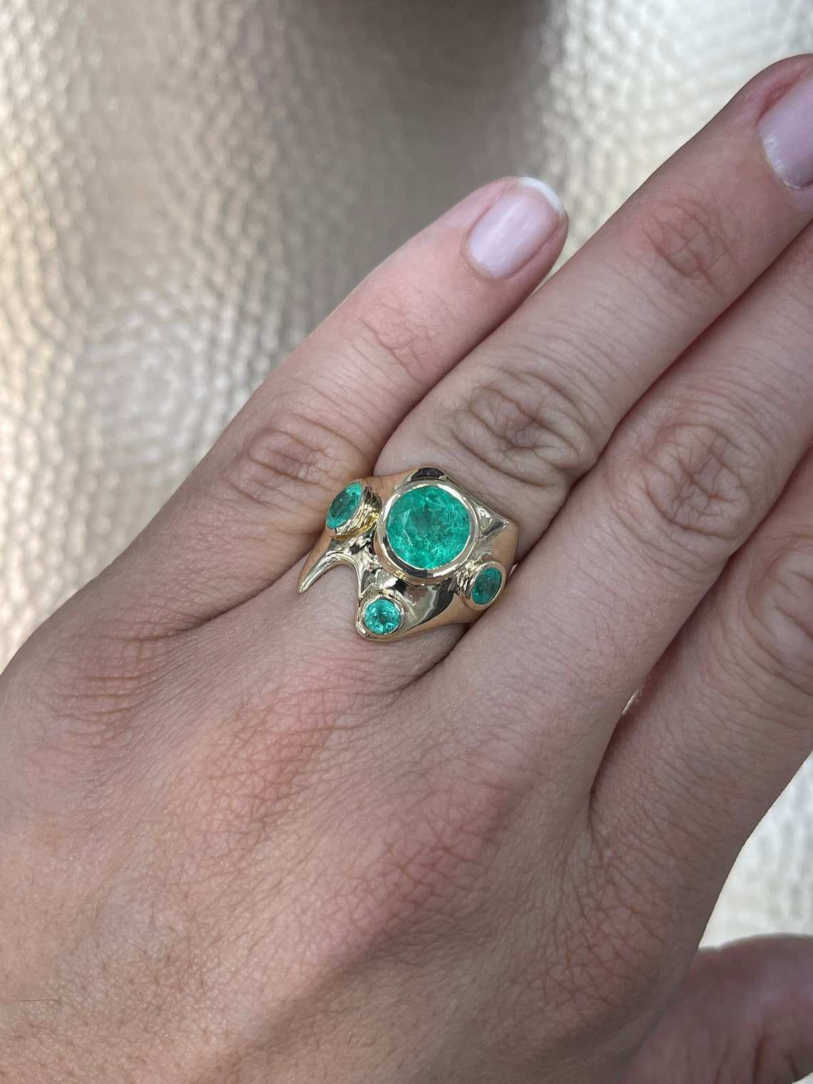 3.59tcw Colombian Emerald-Round Cut Chunky Bezel Set Irregular 14K Yellow Gold Ring - JR Colombian Emeralds
