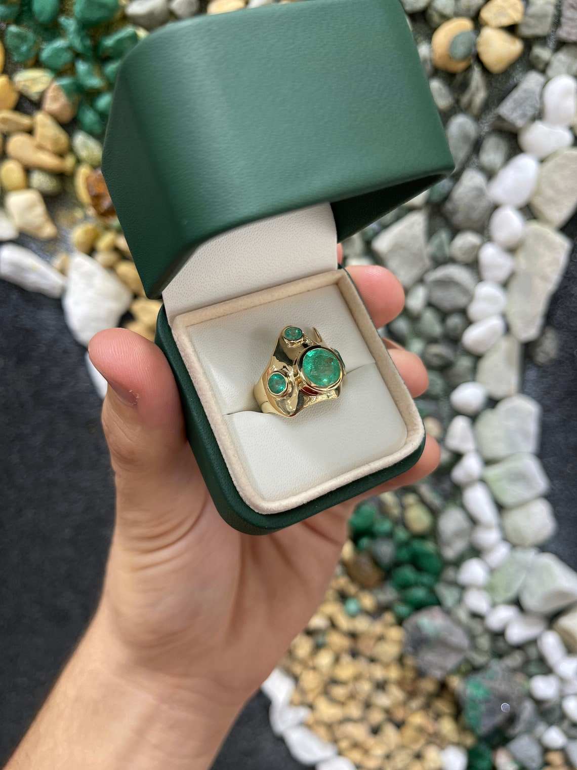 3.59tcw Colombian Emerald-Round Cut Chunky Bezel Set Irregular 14K Yellow Gold Ring - JR Colombian Emeralds