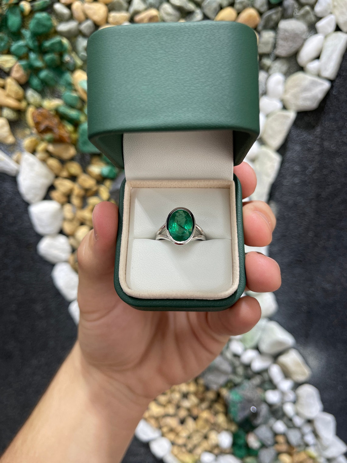 4.78 Carat Bezel Set Oval Emerald Solitaire Ring 14K - JR Colombian Emeralds