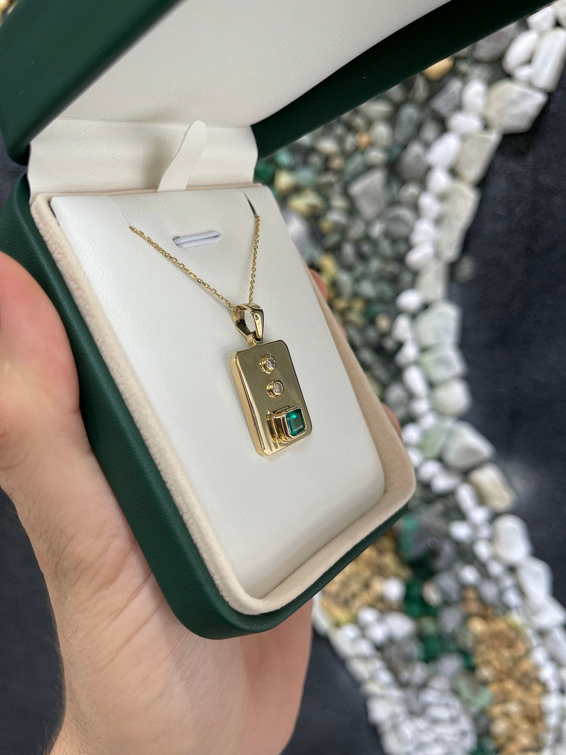 1.05tcw Rectangle Shape Colombian Emerald & Diamond Bezel 18K Yellow Gold Mens Pendant - JR Colombian Emeralds