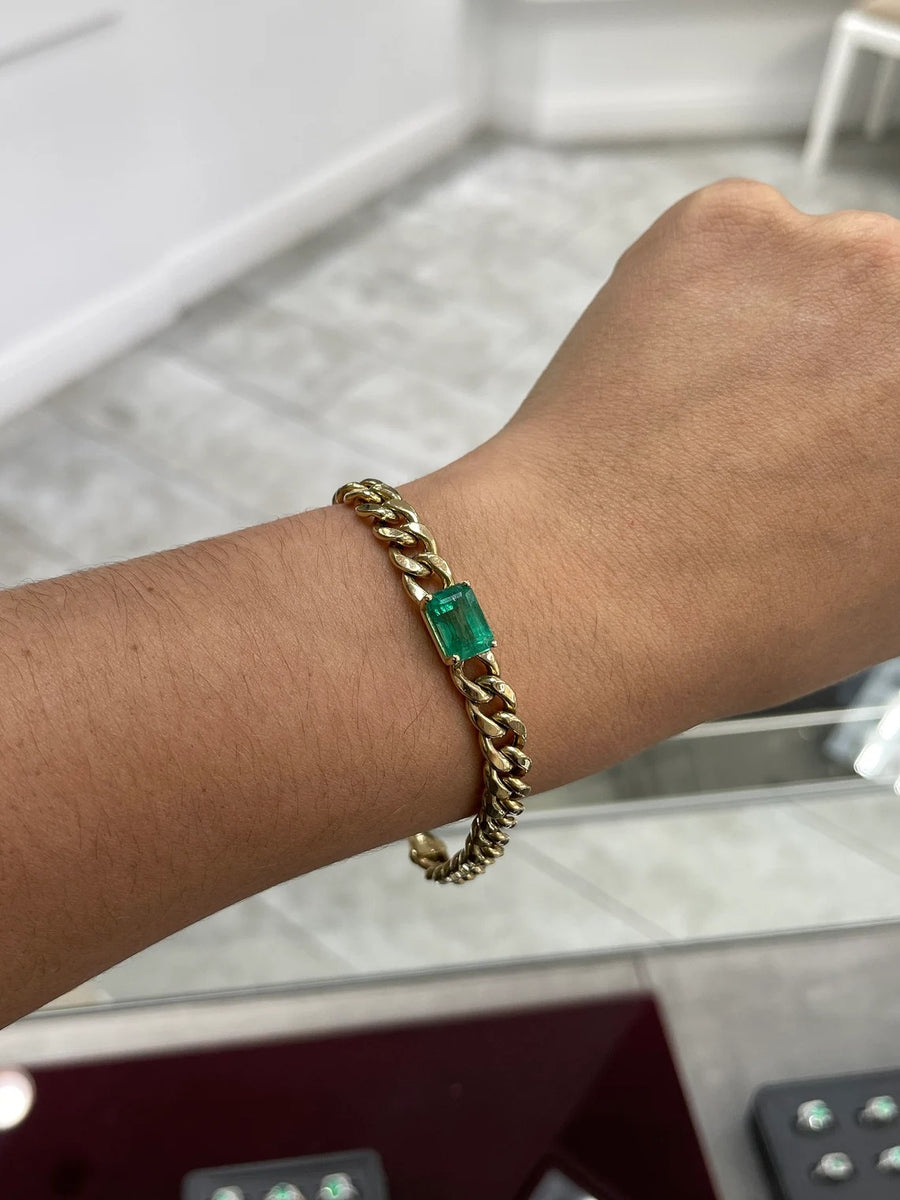 4.87cts 14K Unisex Natural Emerald-Emerald Cut Cuban Link Gold Bracelet