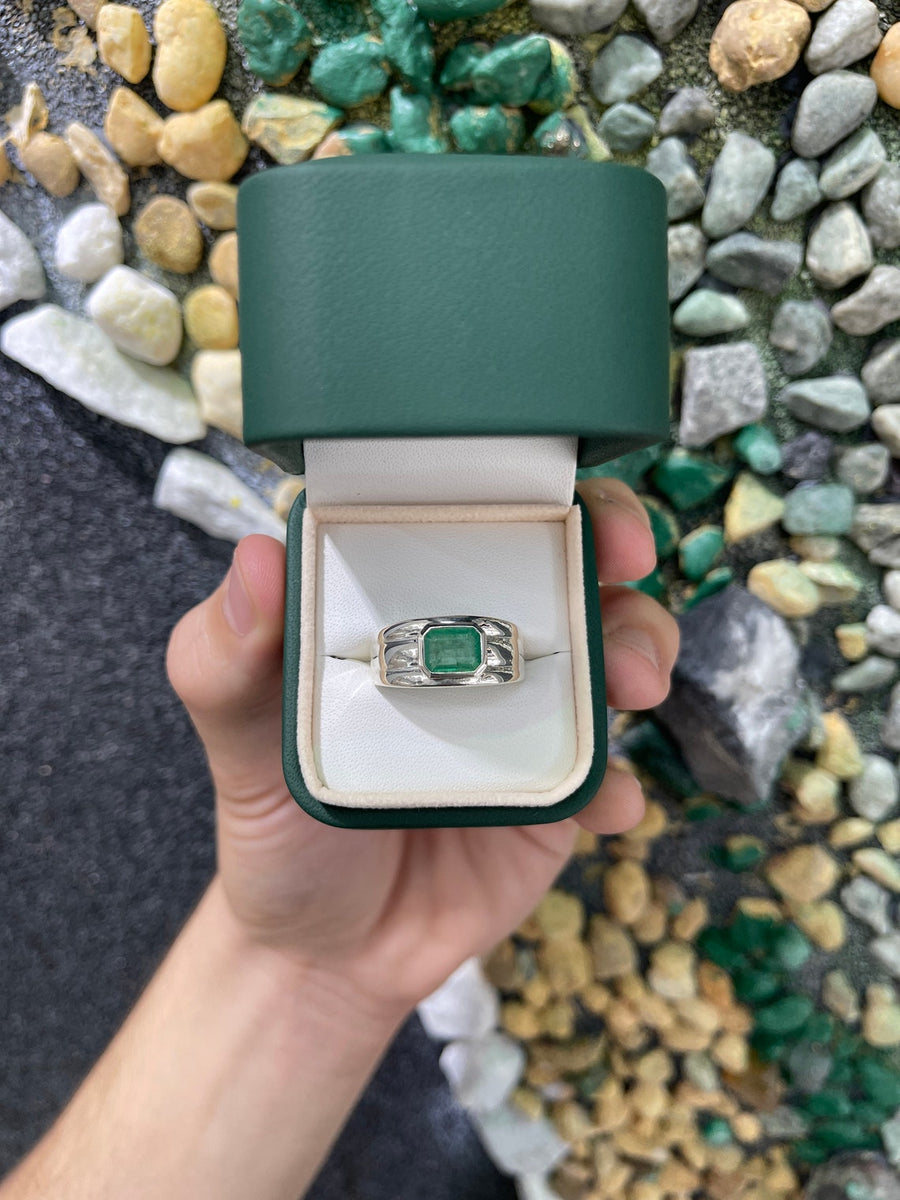 2.0cts 925 Natural Emerald Cut Bezel Set Solitaire Men's Ring