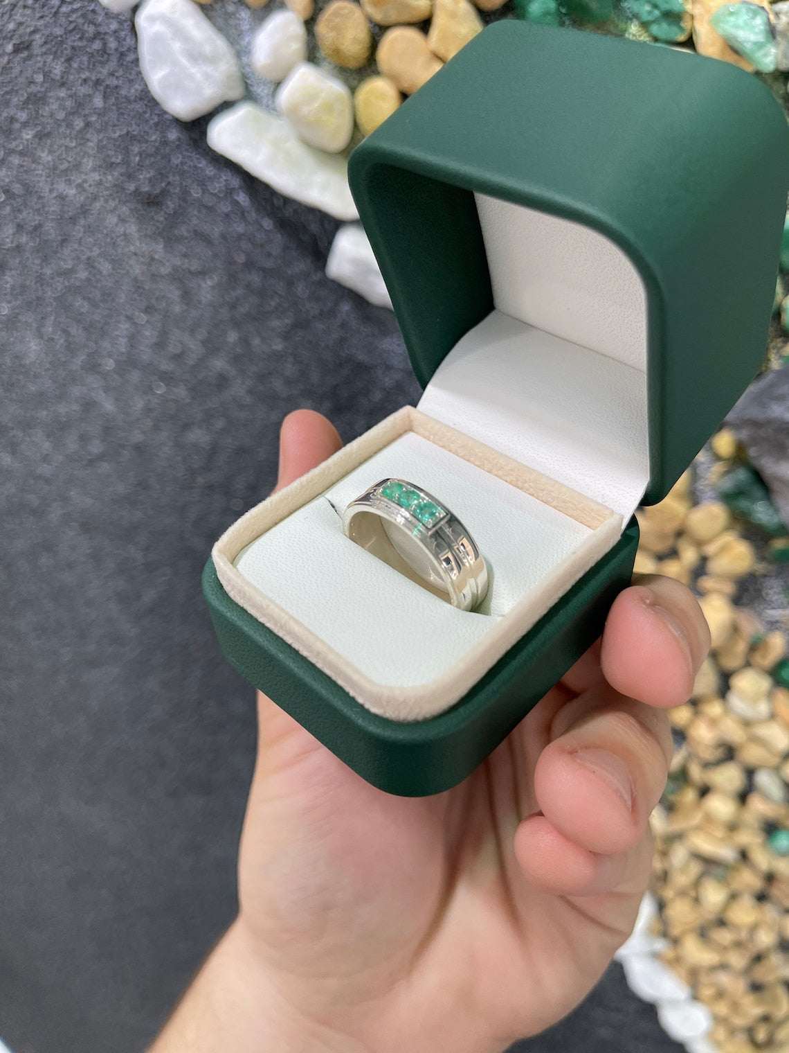 0.40tcw Colombian Emerald-Round Cut Three Stone Ring Sterling Silver - JR Colombian Emeralds