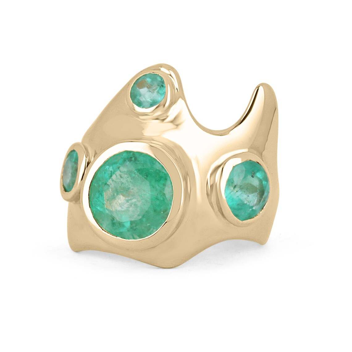 3.59tcw Colombian Emerald-Round Cut Green Stone Irregular 14K Yellow Gold Ring