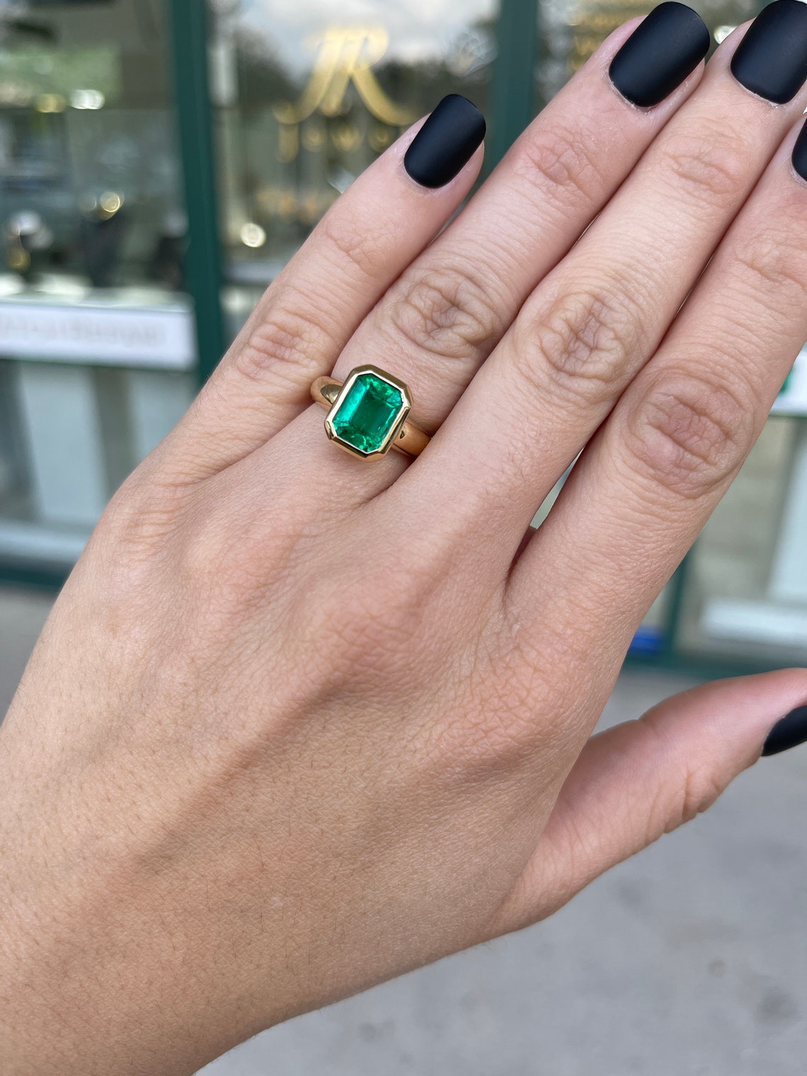 Bezel Set 3.92 ct AAA+ Minor Oil Colombian Emerald-Emerald Cut Solitaire 18K Yellow Gold Ring