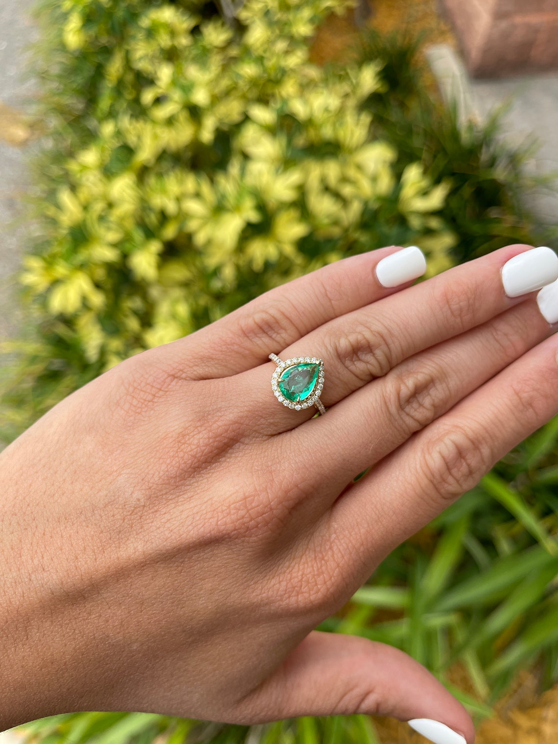 2.25tcw Teardrop Colombian Emerald-Pear Cut Fine High Quality Diamond Halo Engagement 14K - JR Colombian Emeralds