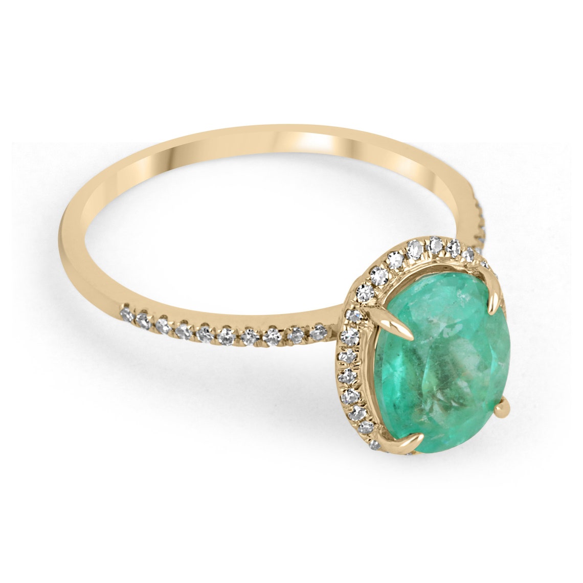 Radiant 14K Gold Ring with 2.01tcw Pave Diamond Halo - Timeless Charm featuring Colombian Emerald Oval Cut