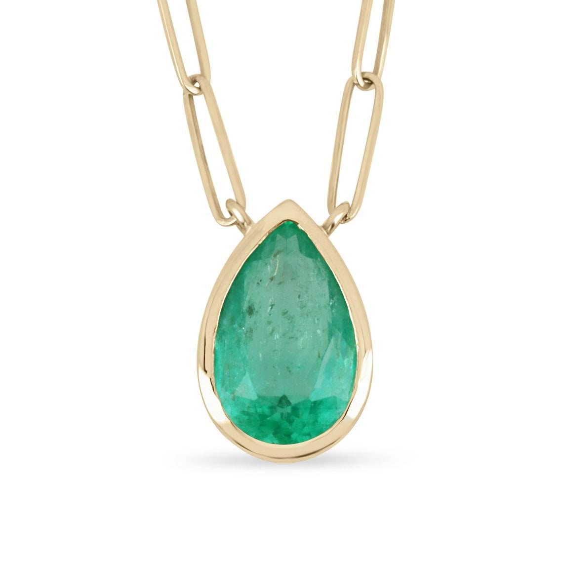 14K yellow gold necklace with bezel set pear-shaped 4.55 carat Colombian emerald on paperclip chain