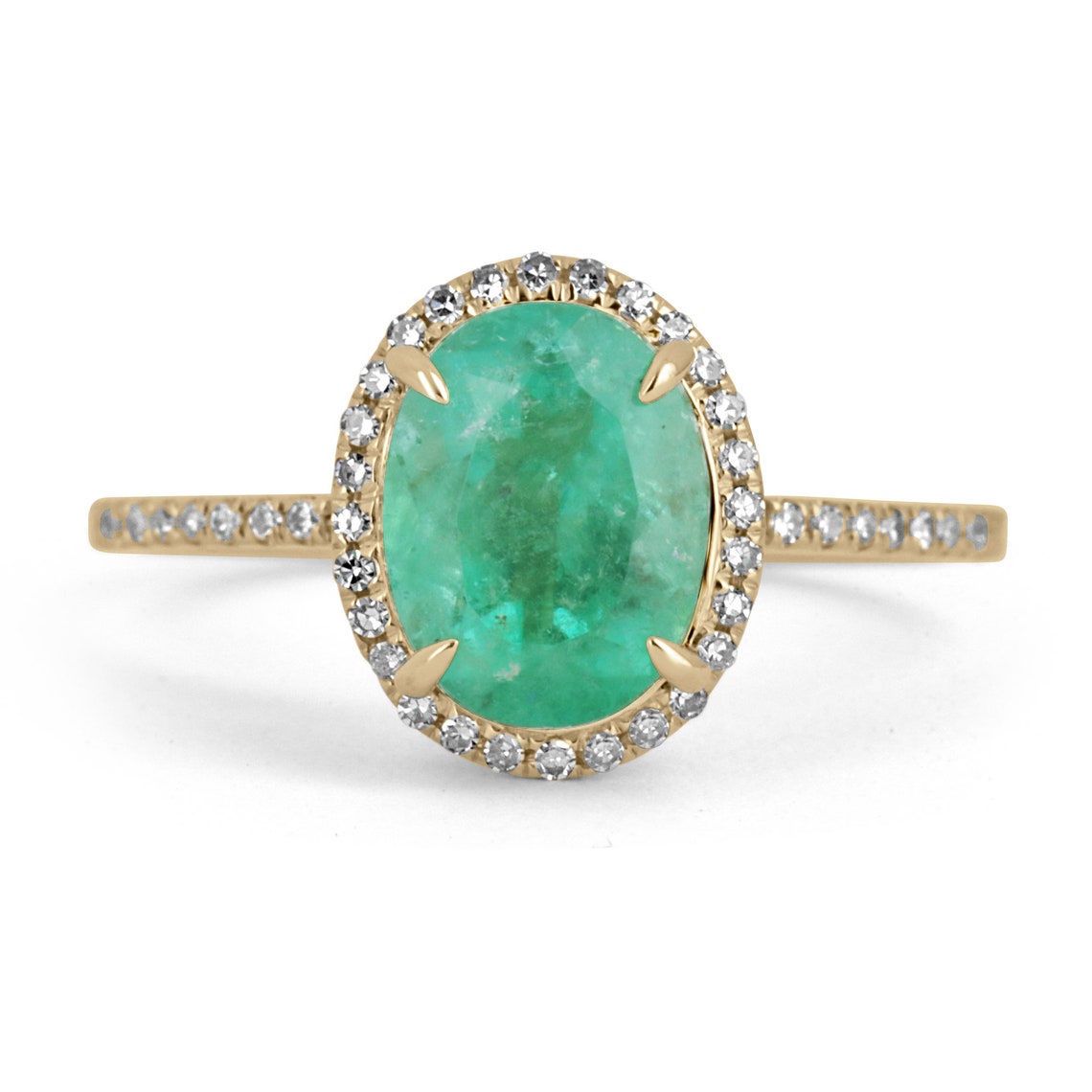 Opulent Radiance: 2.01tcw Pave Diamond Halo Engagement Ring in 14K Gold with Colombian Emerald Oval Cut