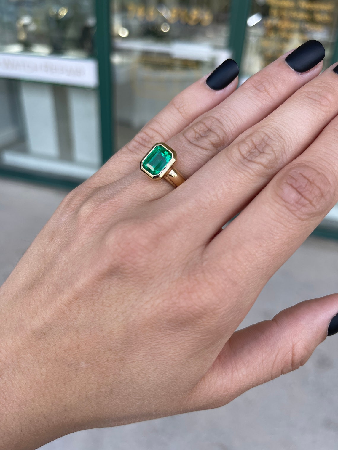 Bezel Set 3.92 ct AAA+ Minor Oil Colombian Emerald-Emerald Cut Solitaire 18K Yellow Gold Ring gift