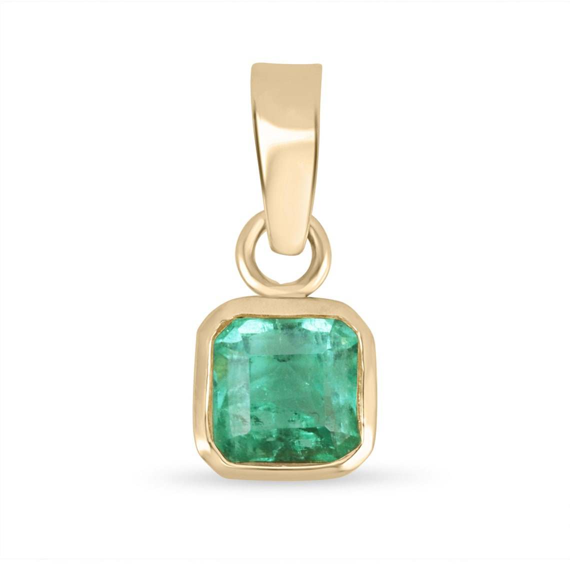 Emerald-Asscher cut dangle pendant in 14K yellow gold bezel setting, featuring a 1.42-carat green emerald.