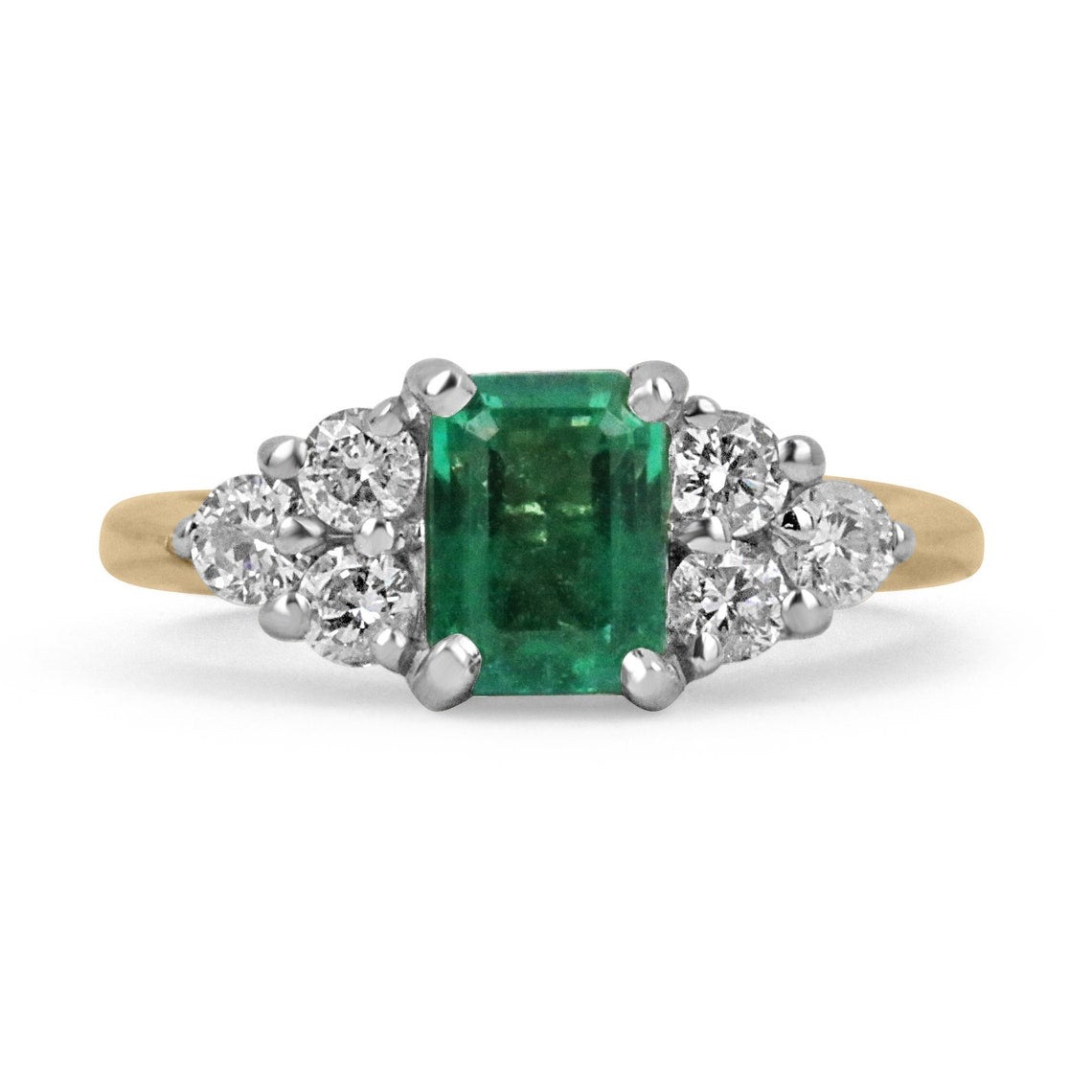 1.61tcw 14K Emerald Cut & Diamond Accent Cluster 2 Toned Prong Gold Ring