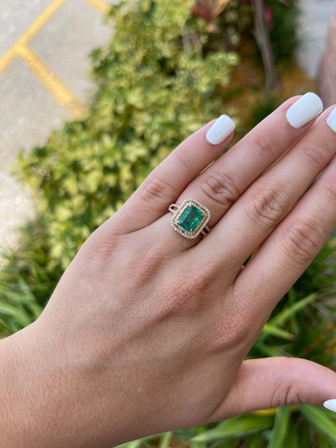 3.37tcw 14K Medium Green Real Emerald Cut & Diamond Double Halo Yellow Gold Ring - JR Colombian Emeralds