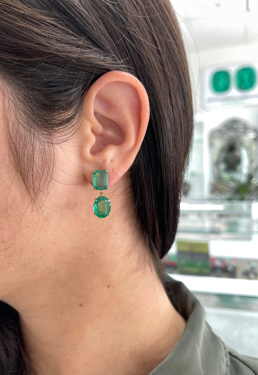 15.82tcw Dark Green Statement Large Emerald Cut Dangle Earrings 18k on Ear