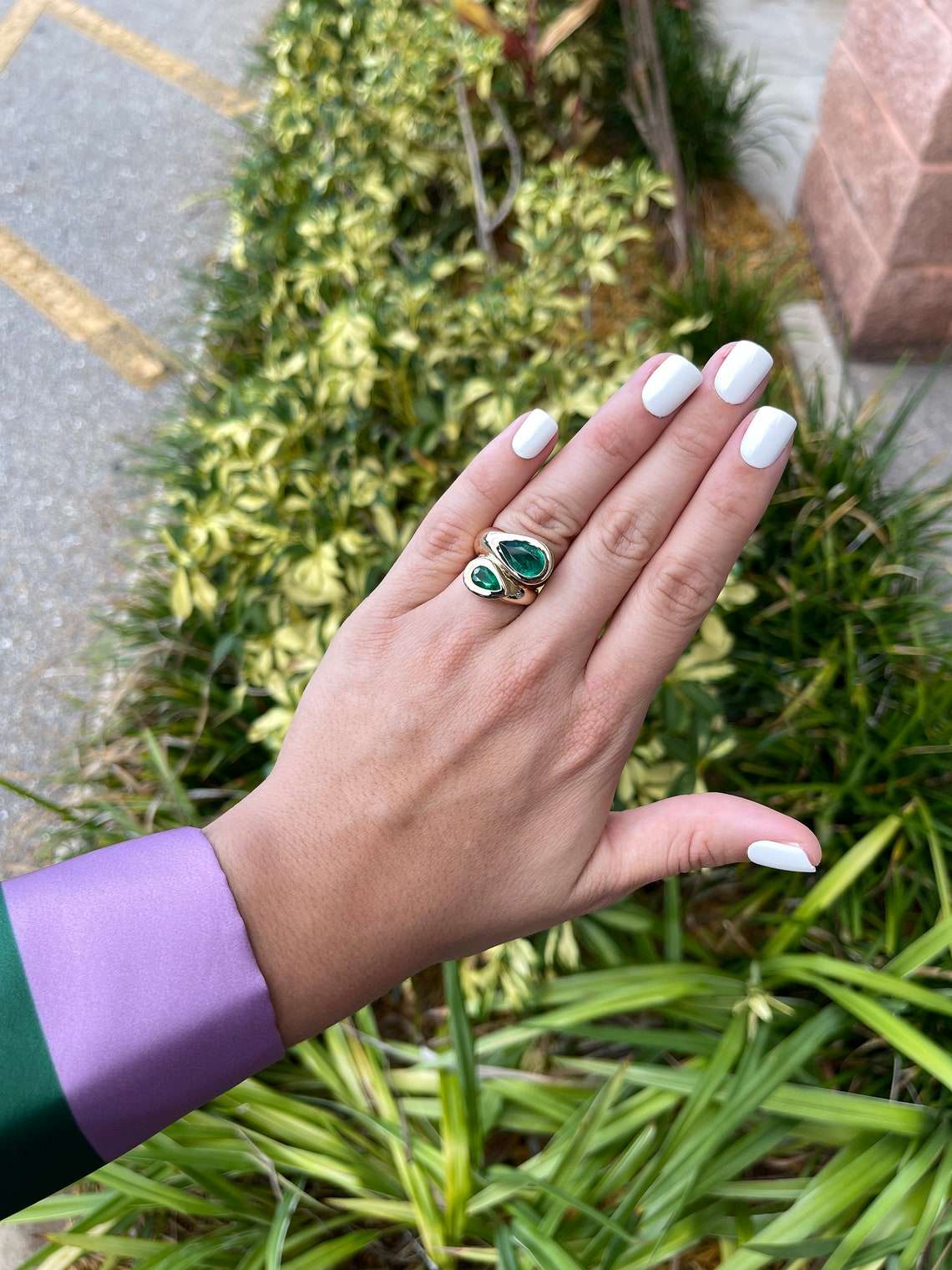 Statement 4.08tcw natural Dark green AAA Quality Pear Emerald Bypass Gold Anniversary Ring 14K