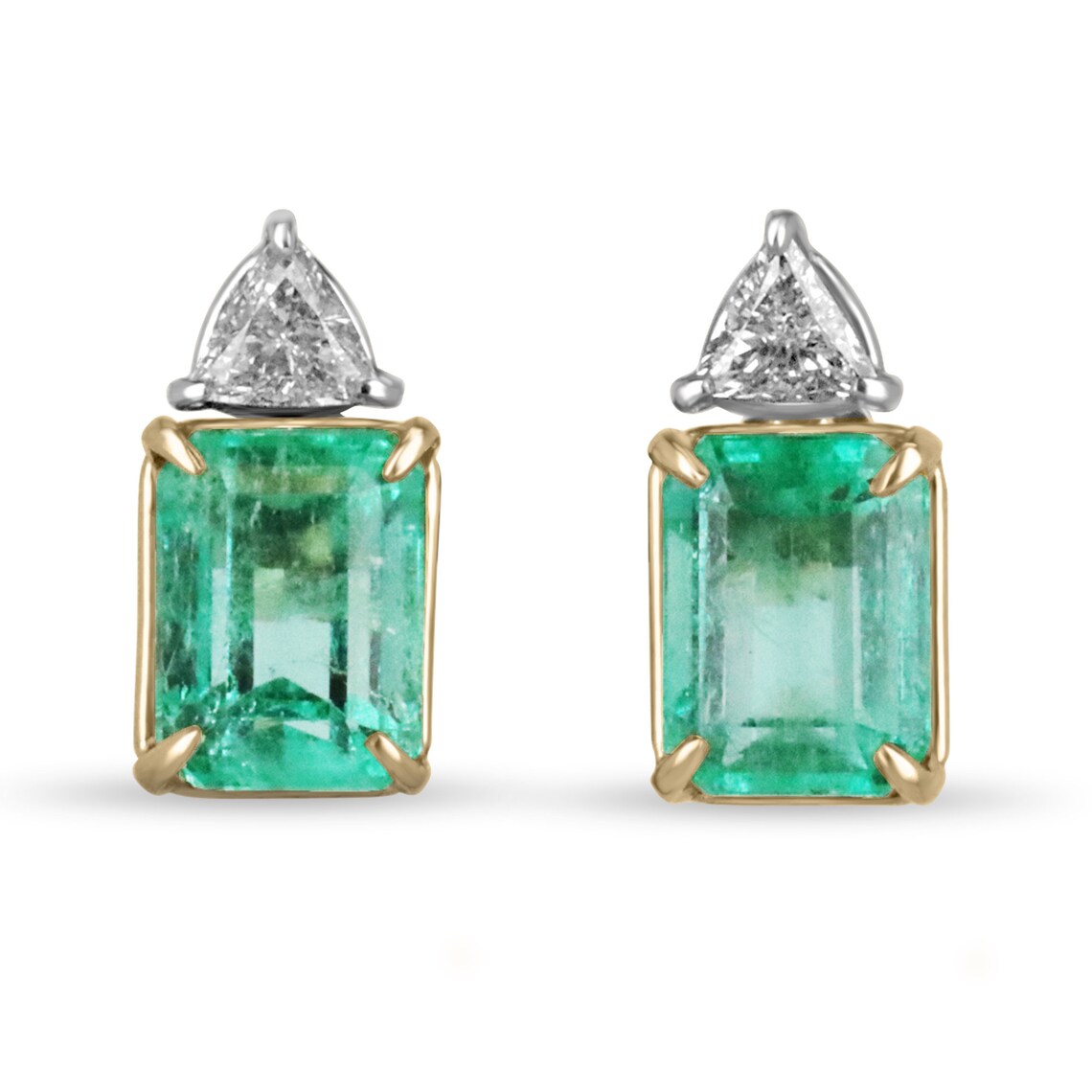 Pair of Colombian emerald cut emeralds stud earrings with trillion cut diamond accents in platinum and 18K yellow gold prong setting