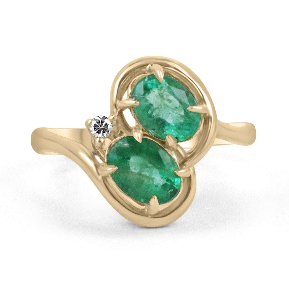1.48tcw 14K solid yellow gold ring with dual oval cut natural emeralds and petite diamond accent