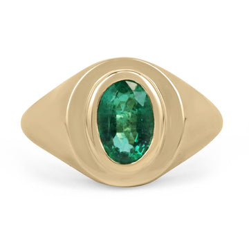 1.55ct 18K Natural Emerald-Oval Cut Solitaire Solid Gold Men's Ring