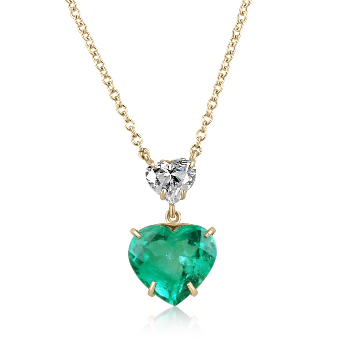 4.20tcw 18K fine quality heart-shaped Colombian emerald and diamond dangle necklace
