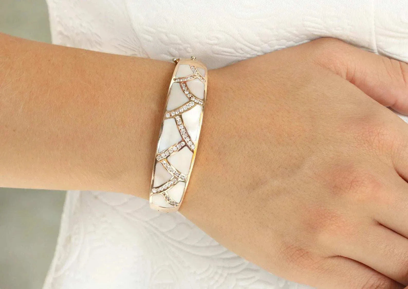 Mother of Pearl & Diamond Rose Gold Bangle 14K