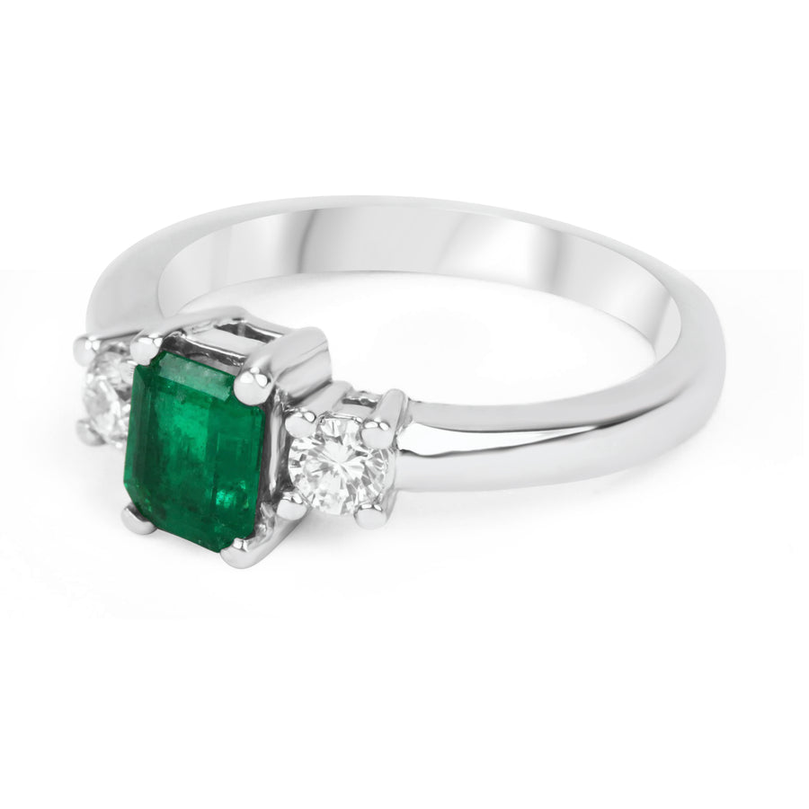 Dazzling Brilliance: 1.40tcw Dark Green Emerald Cut Emerald & Diamond Three Stone Ring - A Shimmering Beauty