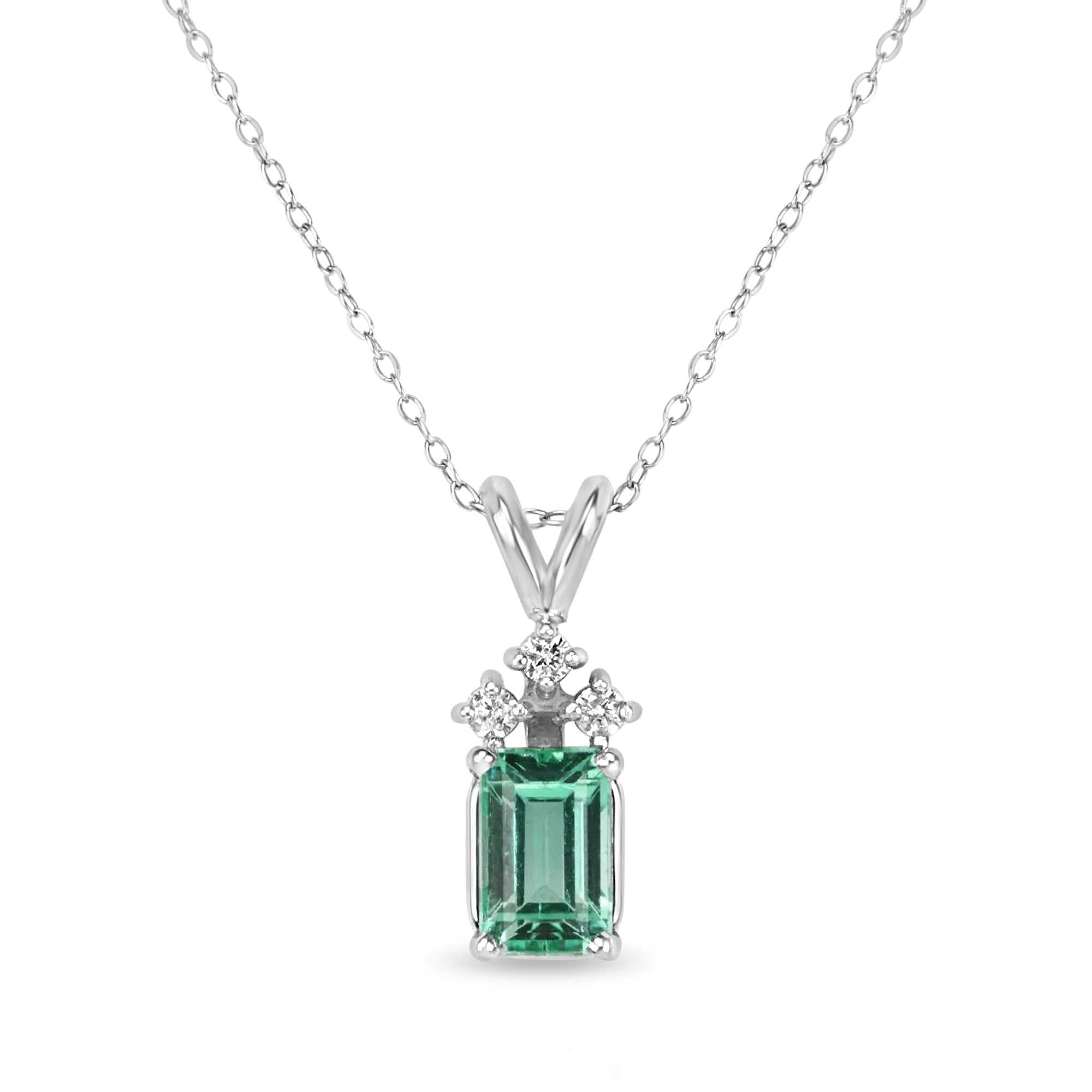 1.56tcw Petite Emerald-Emerald Cut & 3 Diamond Accent Necklace 14K - JR Colombian Emeralds