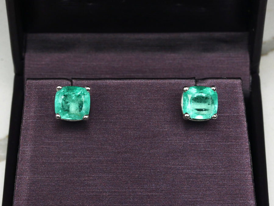 4.0tcw Cushion shape Natural Emerald Stud Solitaire Earrings 14K