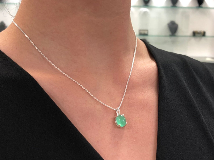 3.37 Carat Rich Green Emerald Cabochon & Diamond Necklace Silver 925