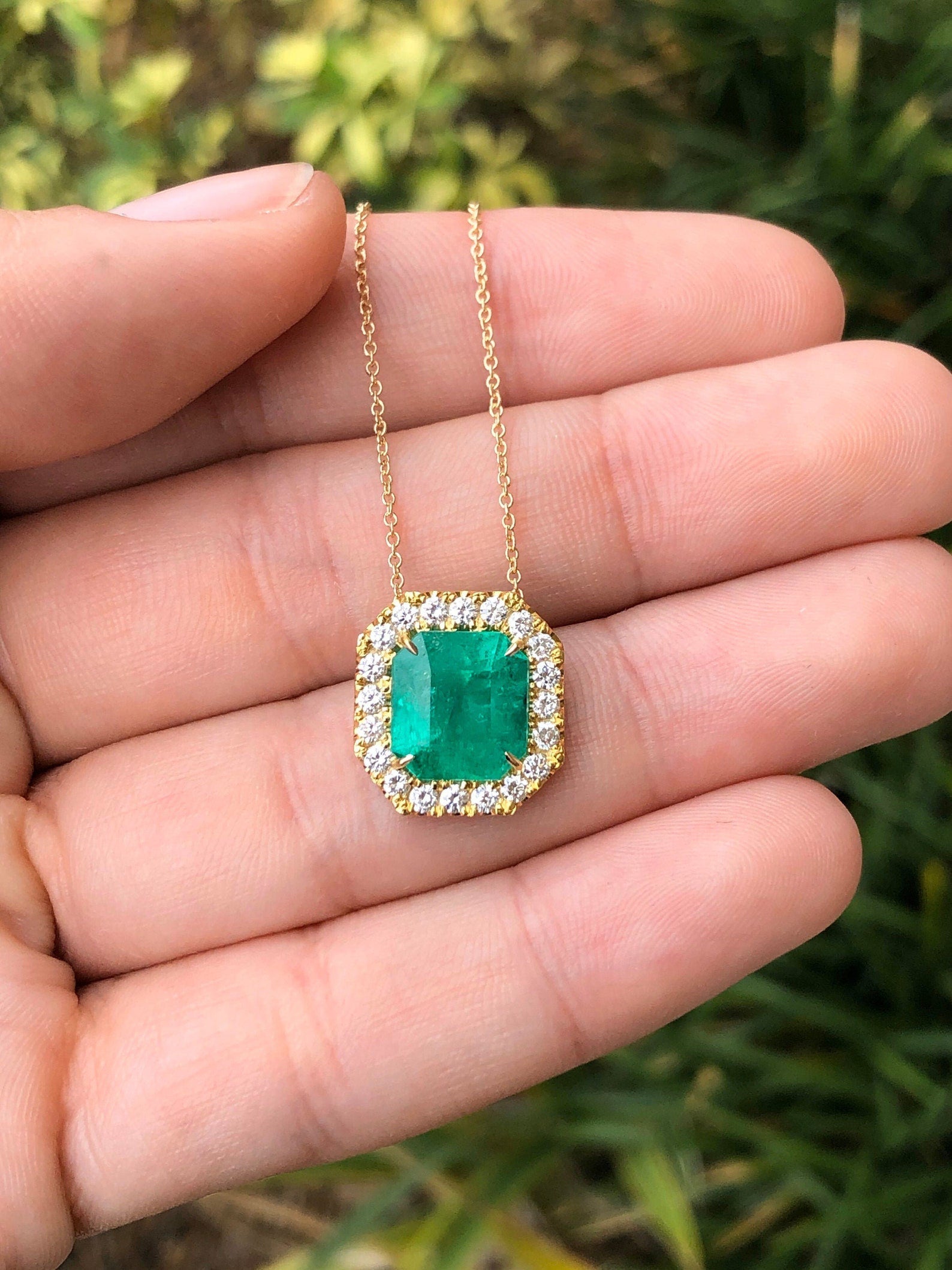 4.60tcw square cut natural Colombian emerald pendant with diamond halo on gold chain
