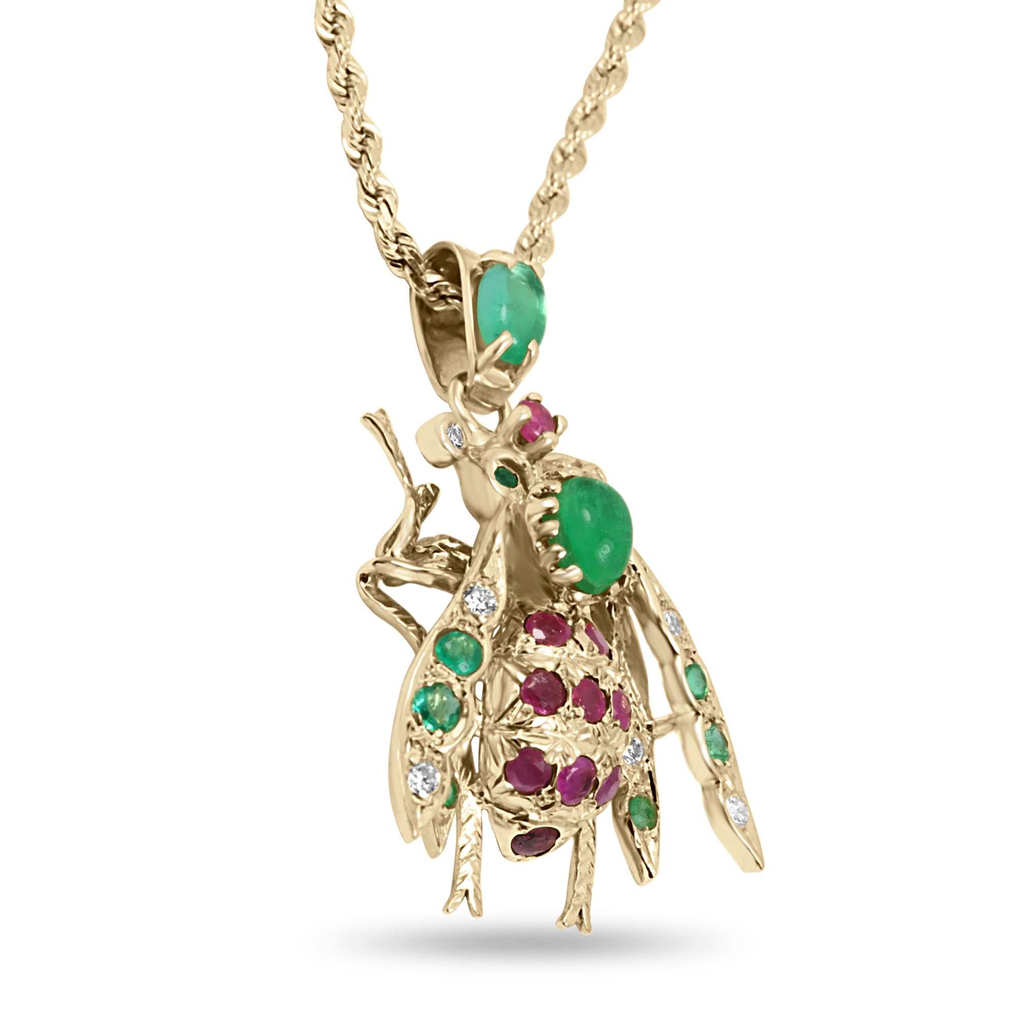 4.14tcw Emerald Ruby Diamond Bug Bee Insect Pendant 14K - JR Colombian Emeralds