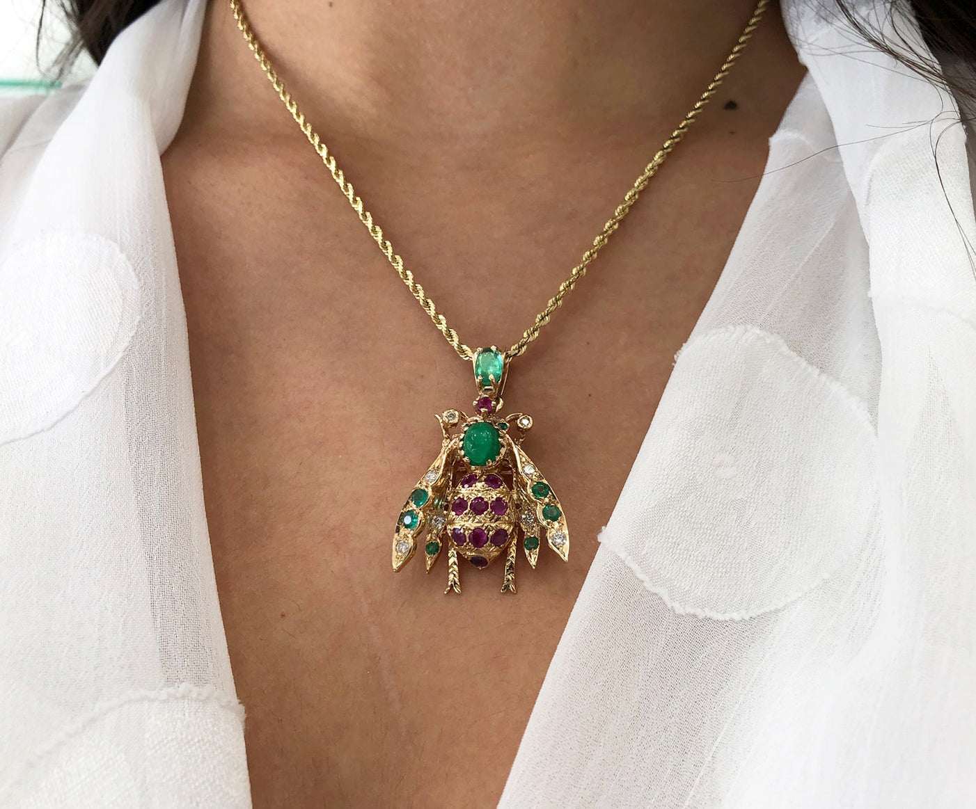 4.14tcw Emerald Ruby Diamond 14k Gold Bug Bee Insect Necklace best