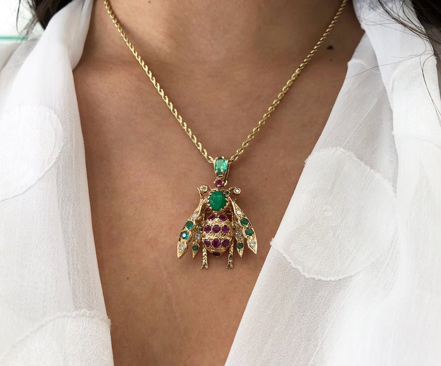 4.14tcw Emerald Ruby Diamond 14k Gold Bug Bee Insect Necklace best