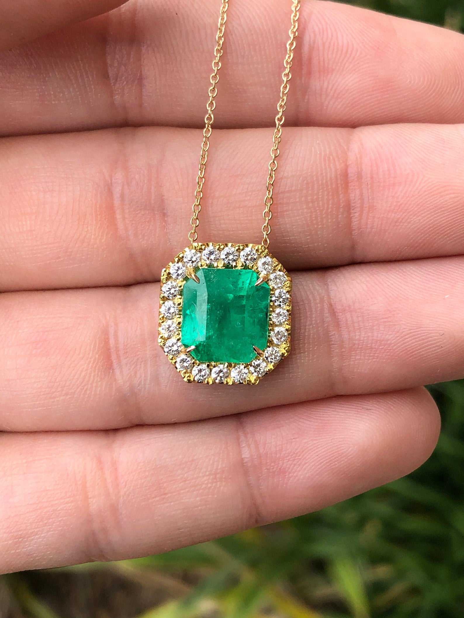 4.60tcw Square Cut Natural Colombian Emerald & Diamond Halo Necklace Pendant